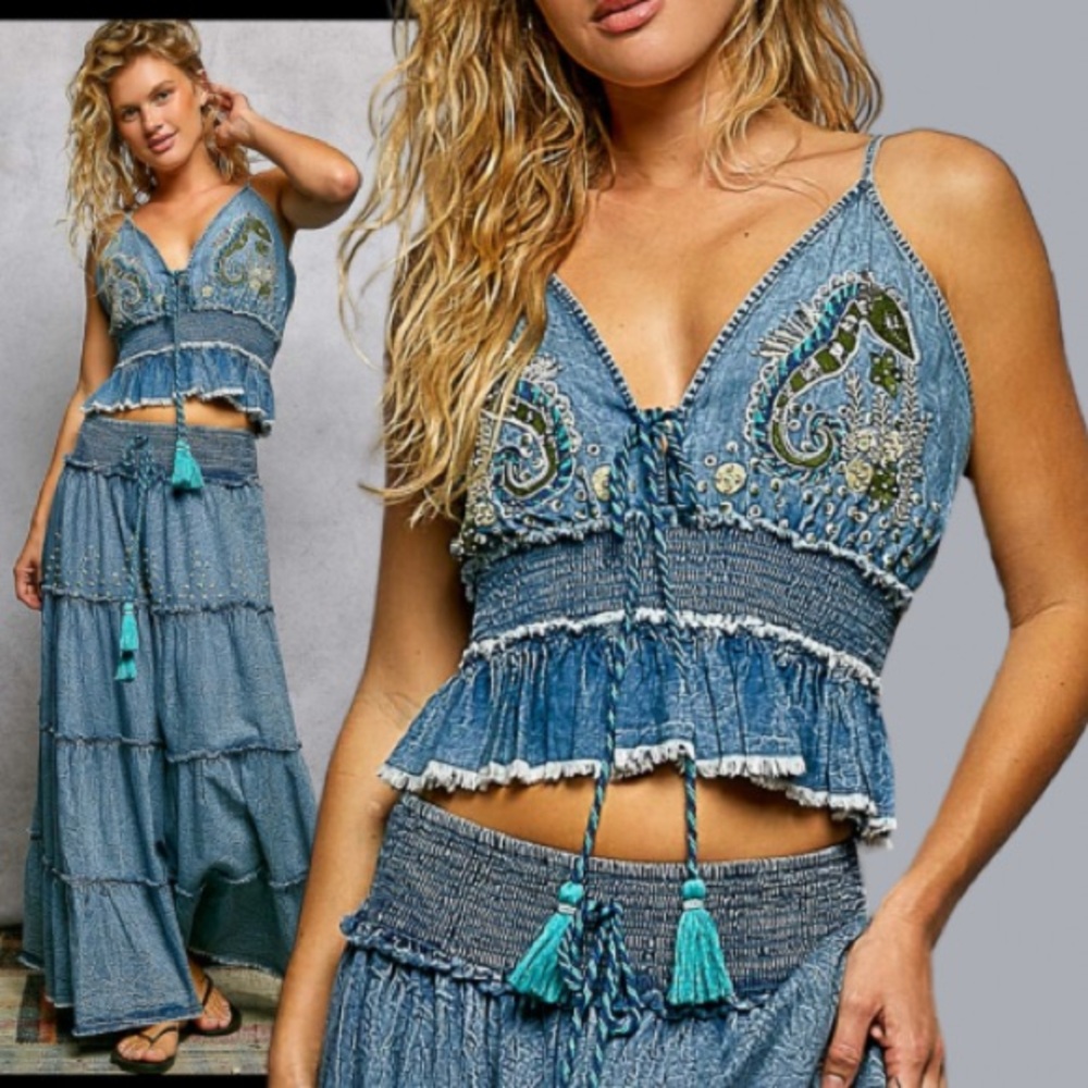 Get the Festival Vibe with this POL Denim Embroidered Bohemian Cami Top